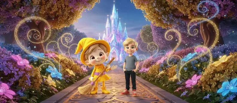 Los niños avanzan por un camino empedrado entre árboles floridos hacia un castillo de cristal
