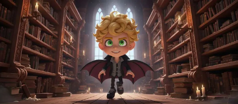 Un joven vampiro de pelo rubio rizado y alas de murciélago camina por una biblioteca antigua iluminada con velas