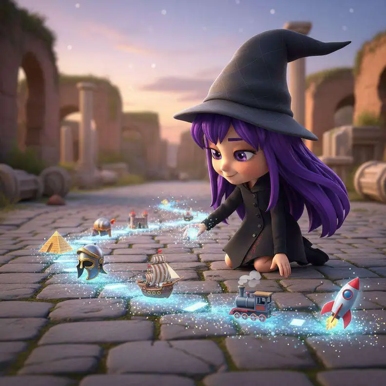 Una bruja de pelo morado traza en el suelo empedrado una línea del tiempo de polvo brillante con una pirámide, un casco, un barco, un tren y un cohete
