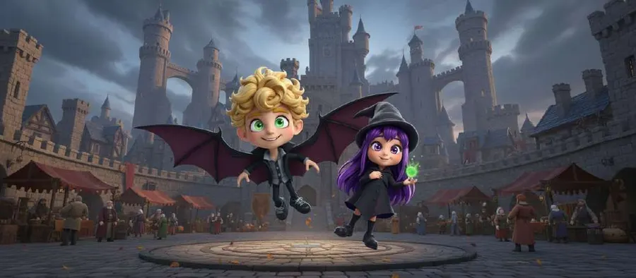 El vampiro y la bruja llegan volando a una plaza medieval con un castillo de piedra y puestos de mercado