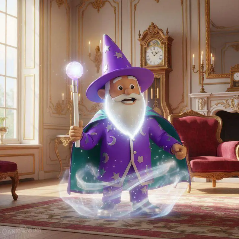 Un mago de barba blanca con túnica morada y bastón luminoso aparece envuelto en luz en un salón con reloj de péndulo