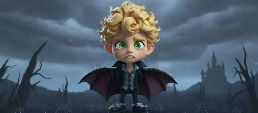 Casimiro, un niño vampiro de pelo rubio rizado y alas, bajo un cielo gris de lluvia entre árboles secos