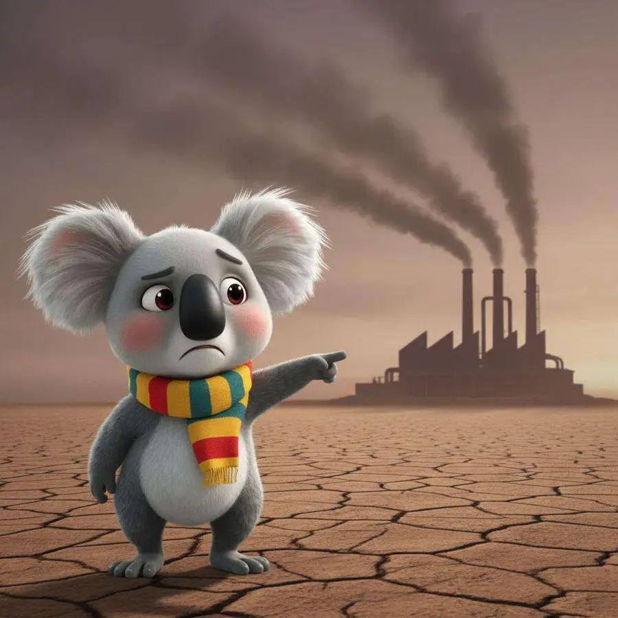 Bimpo el koala, con su bufanda de rayas, señala una fábrica humeante al fondo de una tierra agrietada