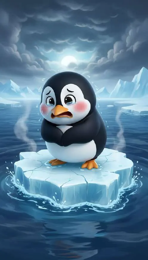 Fifo el pingüino, encogido de frío, sobre un témpano de hielo diminuto rodeado de agua