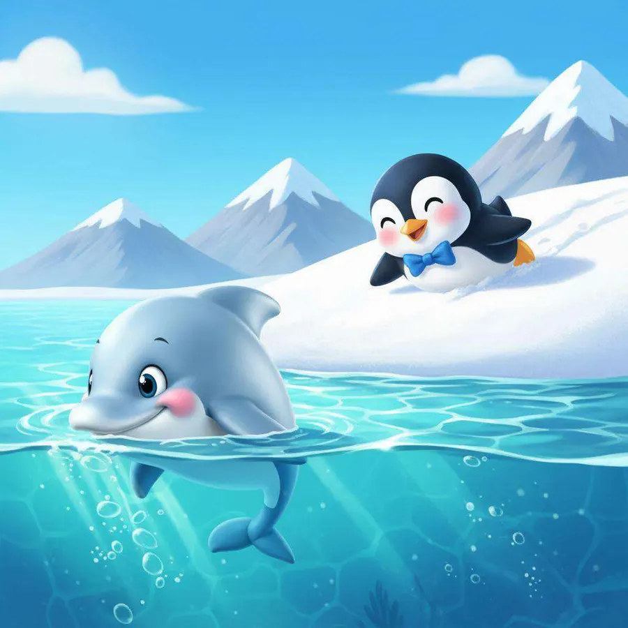 Zylo el delfín asoma en un mar turquesa y transparente mientras Fifo el pingüino se desliza por la nieve