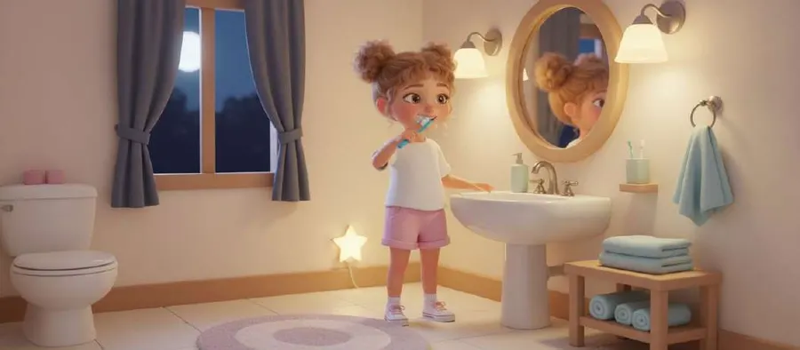 Celia, en pijama, se cepilla los dientes ante el espejo del baño con la noche al otro lado de la ventana