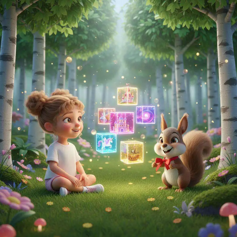 Celia, sentada en la hierba de un bosque de abedules, observa unas cajitas luminosas que flotan junto a una ardilla