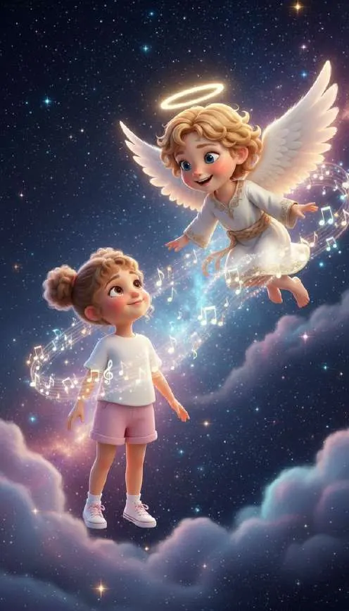 Celia, de pie sobre las nubes, mira a Cosmo, un angelito que vuela entre notas musicales y estrellas
