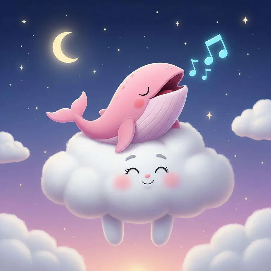 Lula, una ballena rosa, canta tumbada sobre una nube sonriente bajo la luna creciente