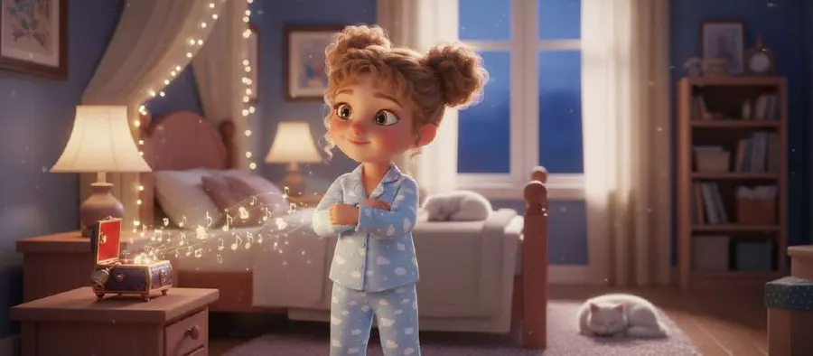 Celia, en pijama, mira sorprendida una lucecita mágica que brilla sobre la mesilla de su dormitorio