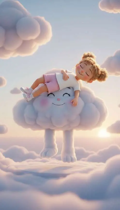 Celia se tumba boca abajo sobre Nora, una nube sonriente con patitas, en un cielo de amanecer