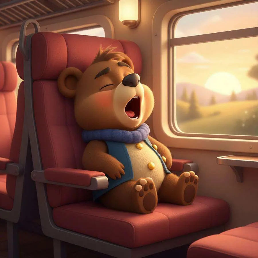 Tabu, un oso con bufanda azul, bosteza dormido en el asiento rojo del vagón mientras se pone el sol tras la ventanilla