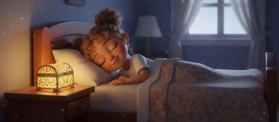Celia duerme profundamente en su cama con una cajita dorada brillando en la mesilla