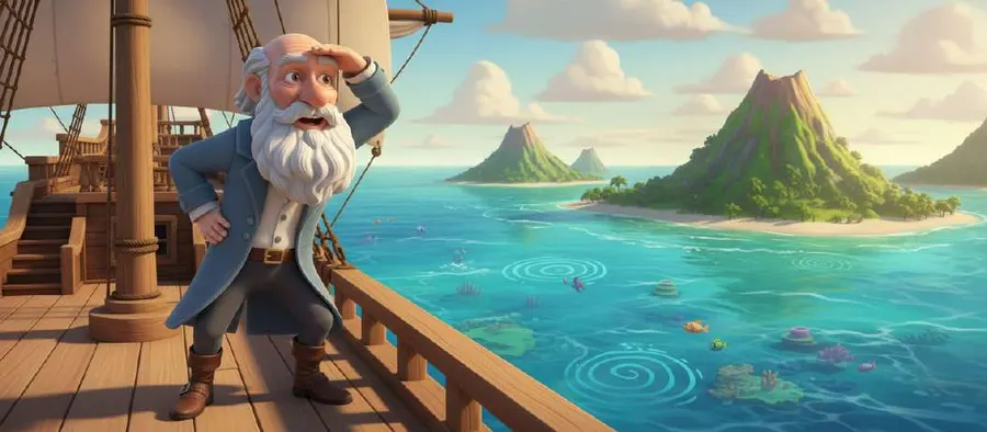 Charles Darwin, en la borda del Beagle, se protege los ojos para mirar las islas Galápagos que asoman del mar