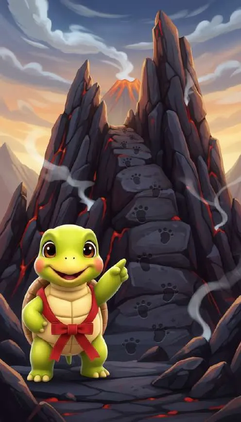 Pati, la tortuga, señala el rastro de huellas que sube por las rocas hacia la cima de un volcán