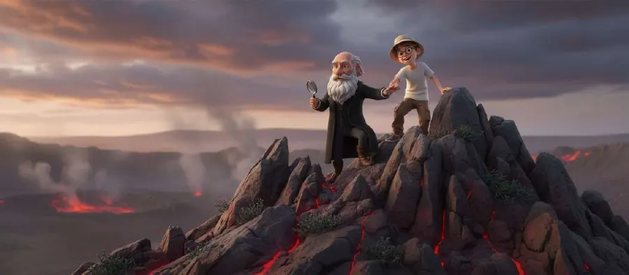 Darwin y Oliver llegan a lo alto de unas rocas volcánicas humeantes al amanecer