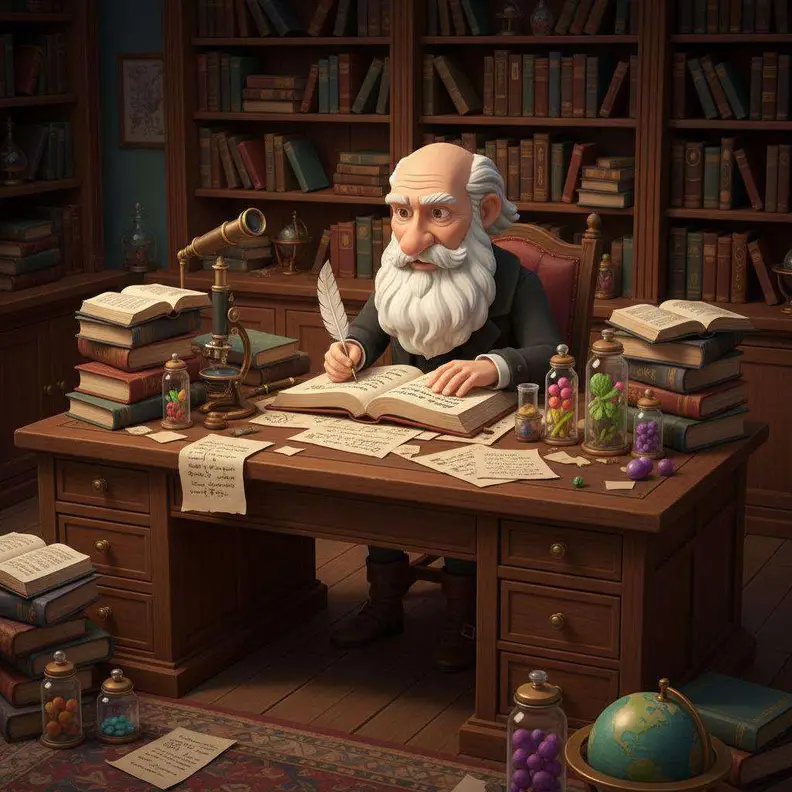 Darwin escribe con pluma en su diario, en un despacho lleno de libros, frascos y un microscopio