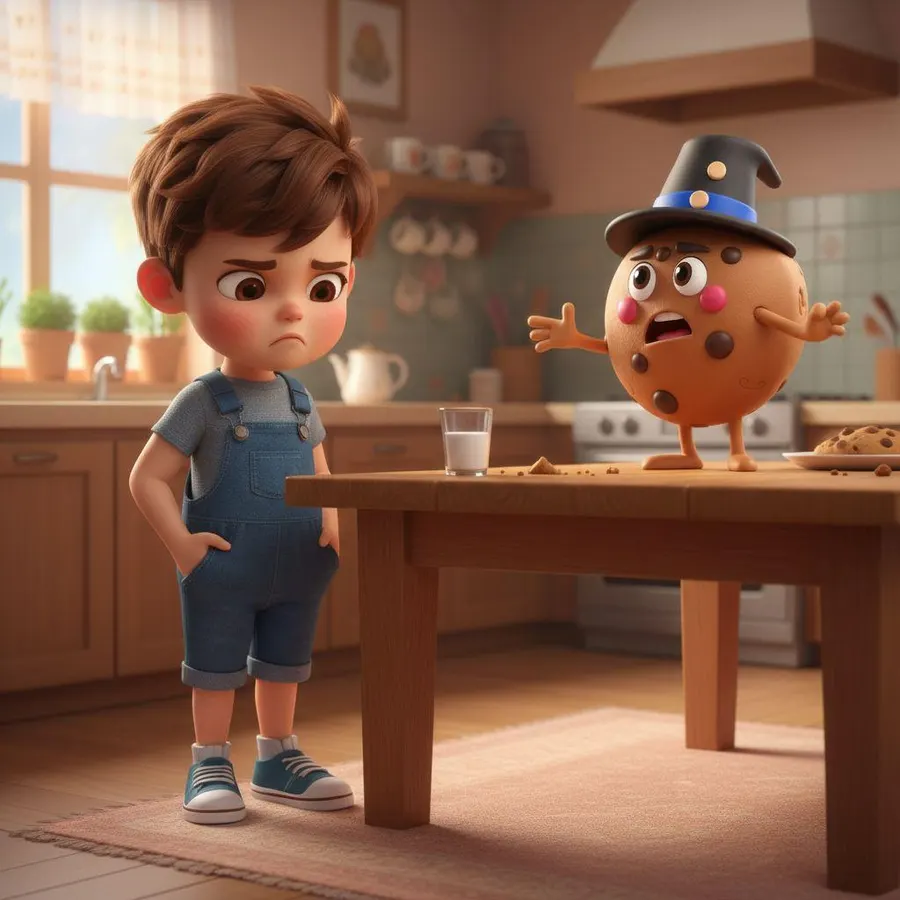 Gael, con el ceño fruncido, escucha a Chop, la galleta con sombrero, sobre la mesa de la cocina