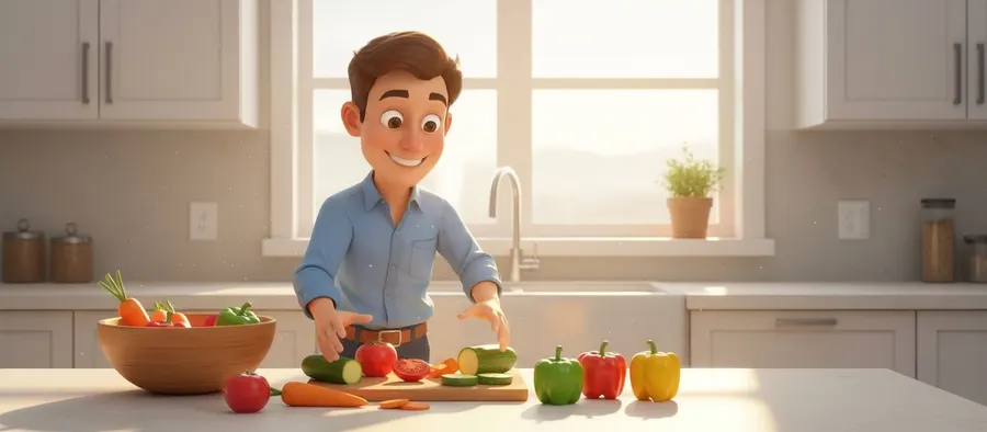 Rubén, el papá de Gael, corta verduras frescas en la encimera de la cocina
