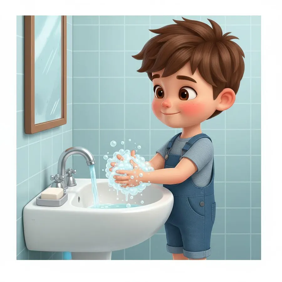 Gael se lava las manos con jabón y mucha espuma en el lavabo