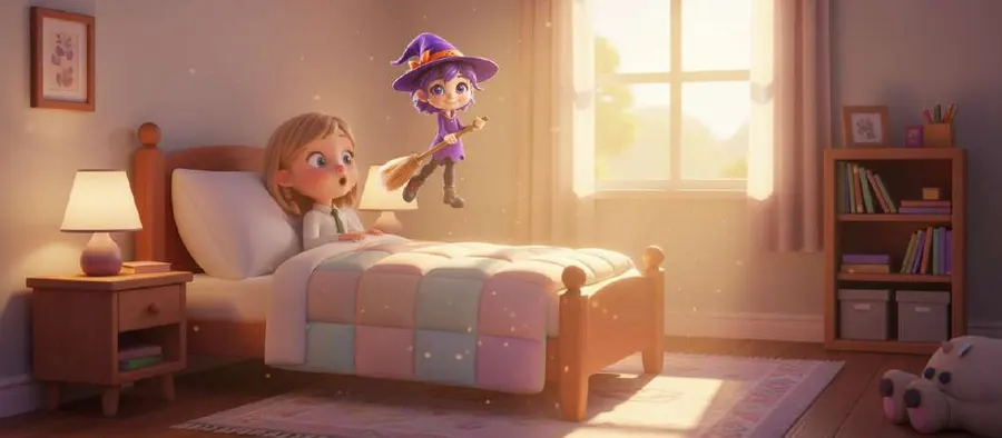 Uva, una brujita diminuta con sombrero morado, flota sobre la cama de Clara al amanecer