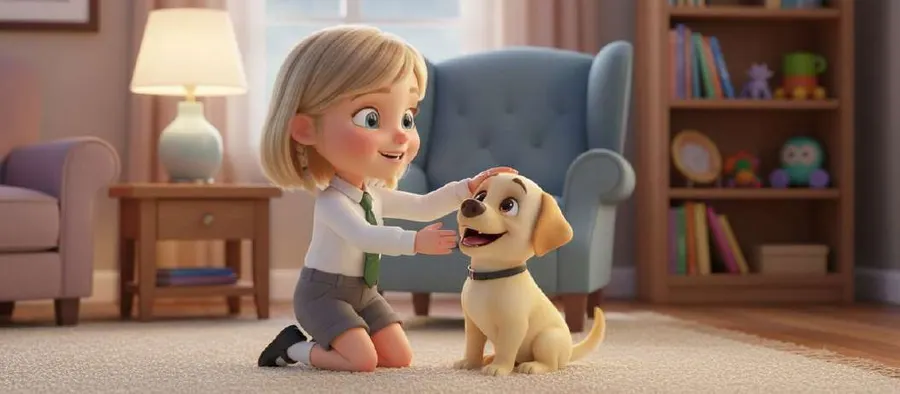 Clara acaricia a Lucky, su perro dorado, arrodillada en la alfombra del salón