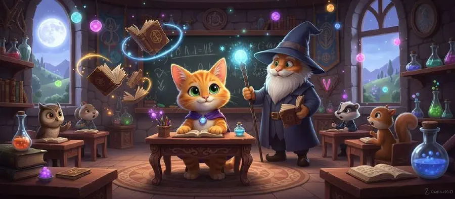 Un aula de la escuela de magia con una gata naranja sentada al pupitre y el profesor de barba blanca a su lado