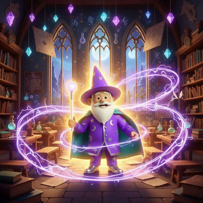 El Mago Crea Cuentos, con túnica morada y varita, rodeado de anillos de luz en la biblioteca de la escuela