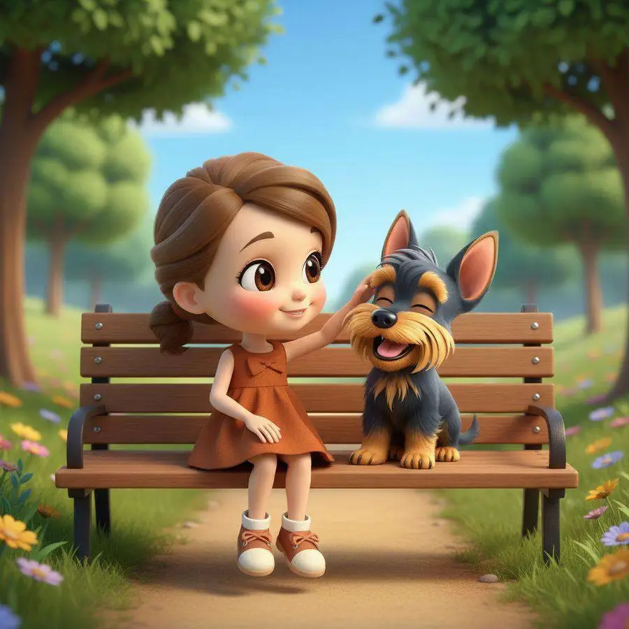 Una niña sentada en un banco del parque acaricia a una perrita peluda que se ha subido a su lado