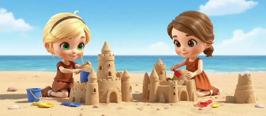 Sandra y Paula construyen castillos de arena en la orilla de la playa, con cubos y palas de colores