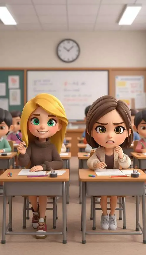Sandra y Paula, sentadas en pupitres contiguos de un aula, se miran antes de empezar el examen