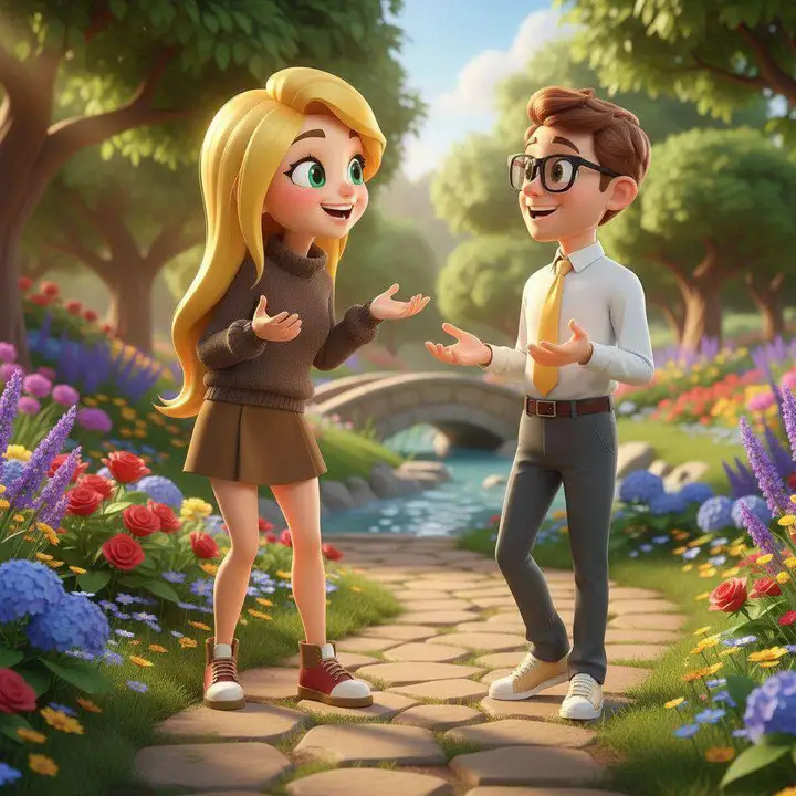 Paula presenta a Fran a su amiga en un jardín lleno de flores, los tres conversando junto a un puentecillo