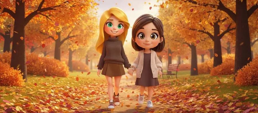 Sandra y Paula caminan juntas por un parque cubierto de hojas rojas y doradas en otoño