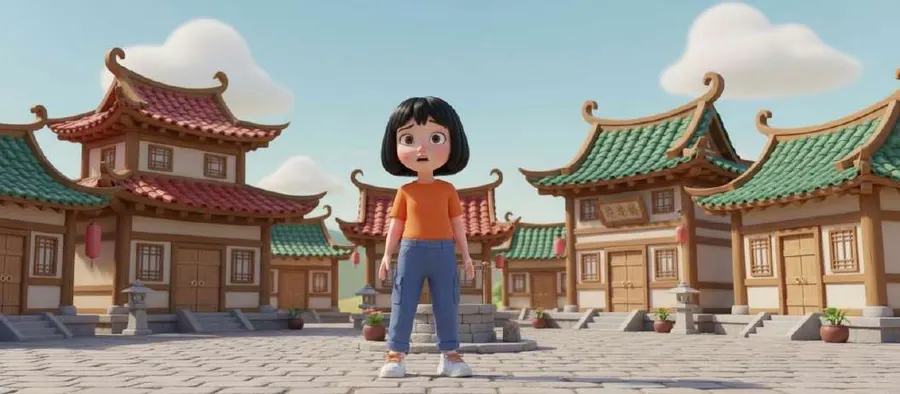 Mei, sola en medio de la plaza empedrada del pueblo, entre casas de tejados curvos