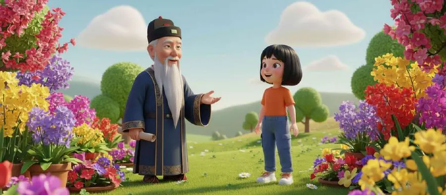 Confucio conversa con Mei en un prado lleno de flores de colores