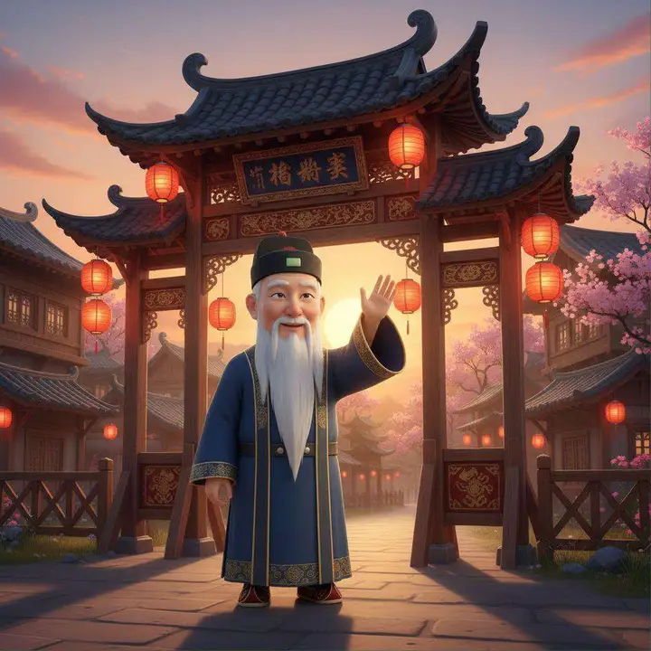 Confucio se despide con la mano bajo el arco de entrada del pueblo, al atardecer
