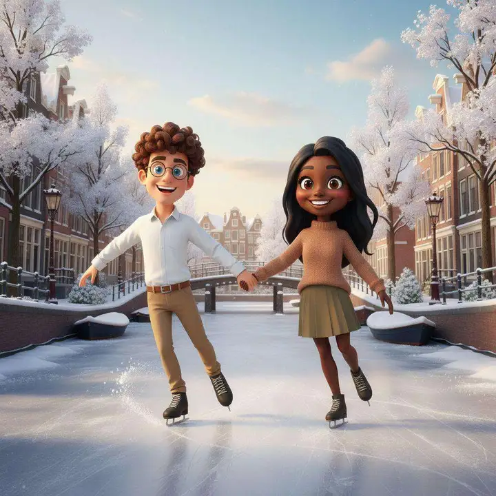 Edu y Anne patinan cogidos de la mano sobre un canal helado de Ámsterdam, entre árboles cubiertos de nieve