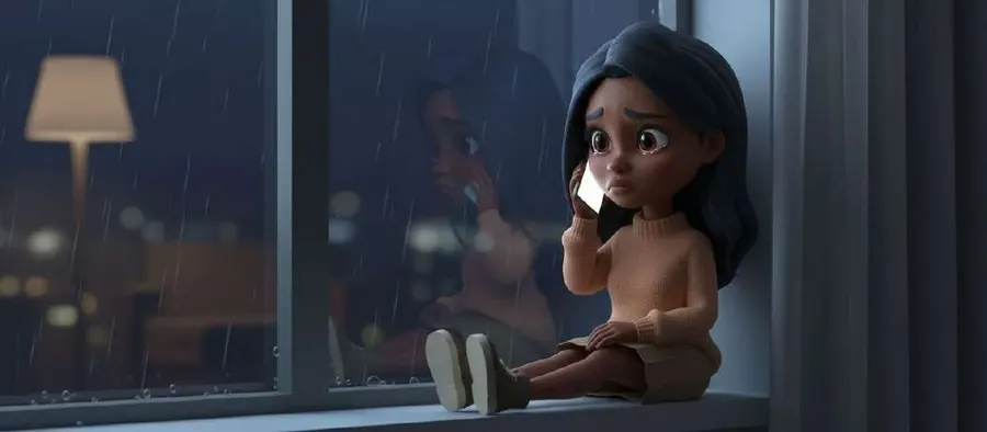 Anne, sentada en el suelo junto a un ventanal, habla por teléfono mientras fuera cae la lluvia de noche