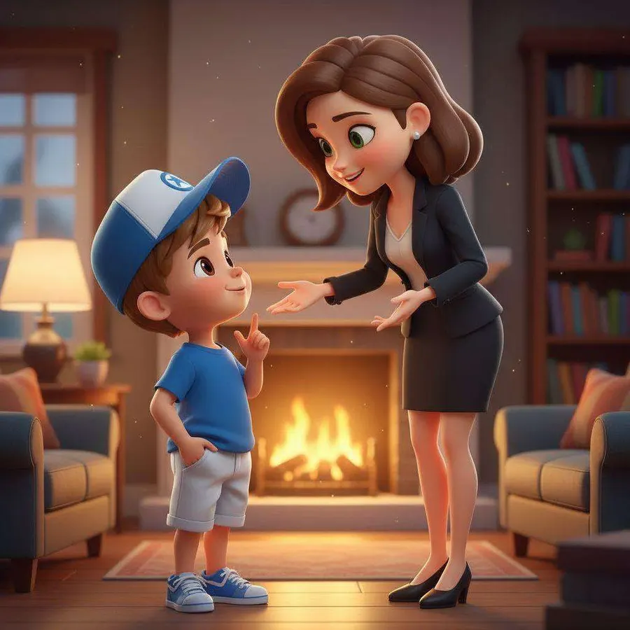 Cristian, con su gorra azul, mira a su madre mientras ella le habla junto a la chimenea encendida del salón