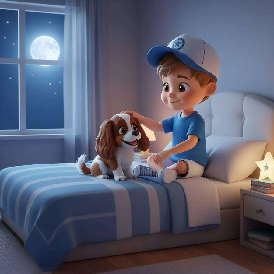 Cristian acaricia a su perro Café sentado en la cama de su habitación, con la luna llena al otro lado de la ventana