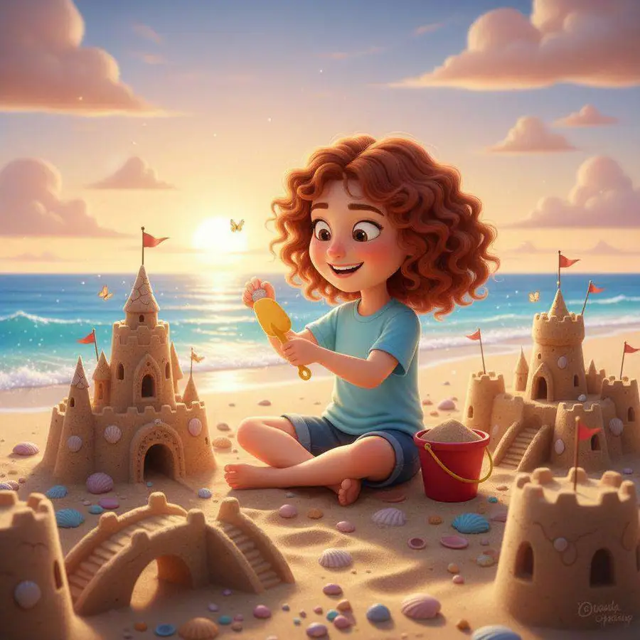 Carla, de niña, construye castillos de arena en la playa al atardecer