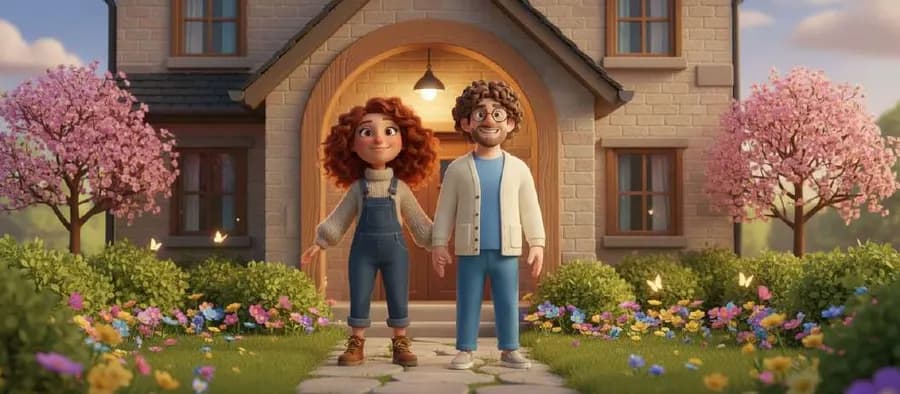Carla y Jose, cogidos de la mano, llegan a la puerta de la casa familiar entre cerezos en flor