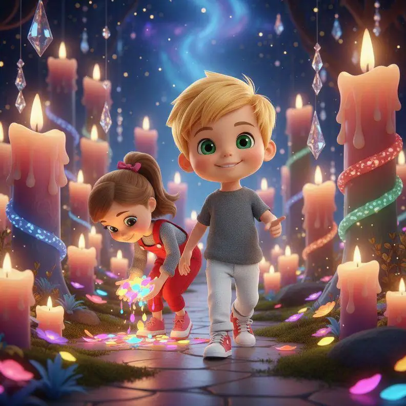 Dos niños recogen luces de colores en un bosque de velas gigantes encendidas bajo un cielo estrellado