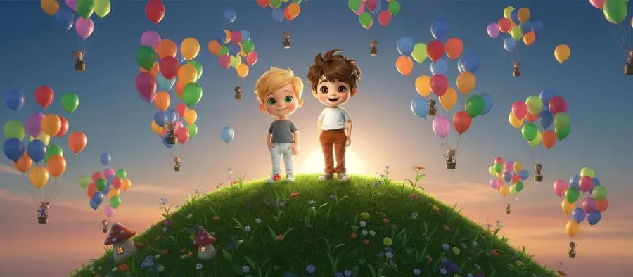 Dos niños en lo alto de una colina verde rodeados de cientos de globos de colores que se elevan al atardecer