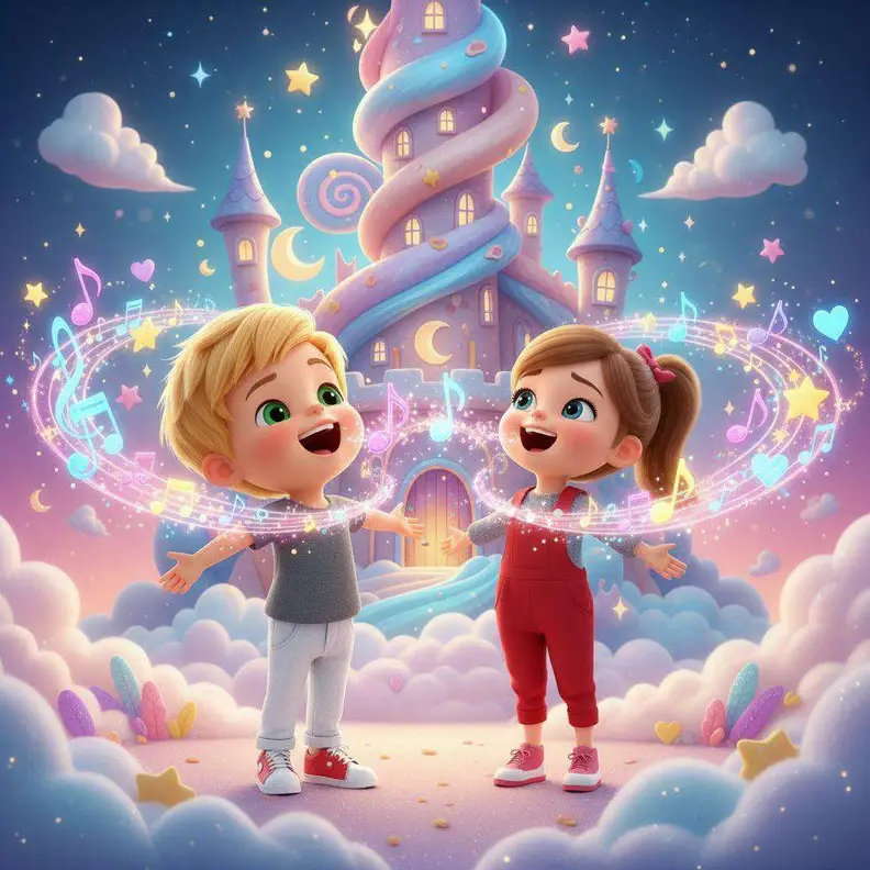 Dos niños cantan rodeados de notas musicales luminosas ante un castillo de nata y caramelo entre nubes rosadas