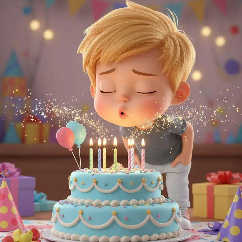 Un niño sopla las velas de una tarta azul de dos pisos entre globos y regalos, con una nube de purpurina brillante