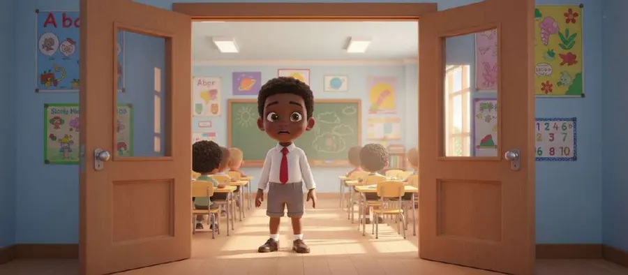 David, con su uniforme, se detiene en la puerta abierta del aula nueva mientras sus compañeros están sentados dentro