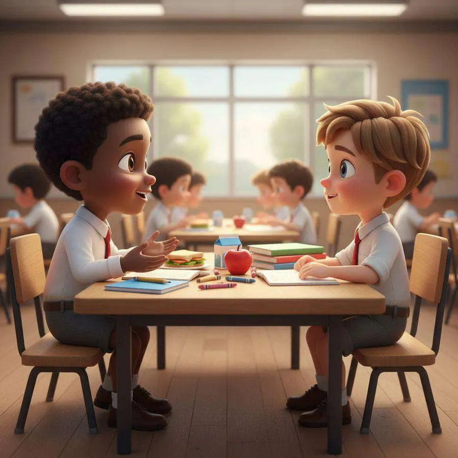 David conversa con un compañero en la mesa del comedor del colegio, con los bocadillos y los libros delante