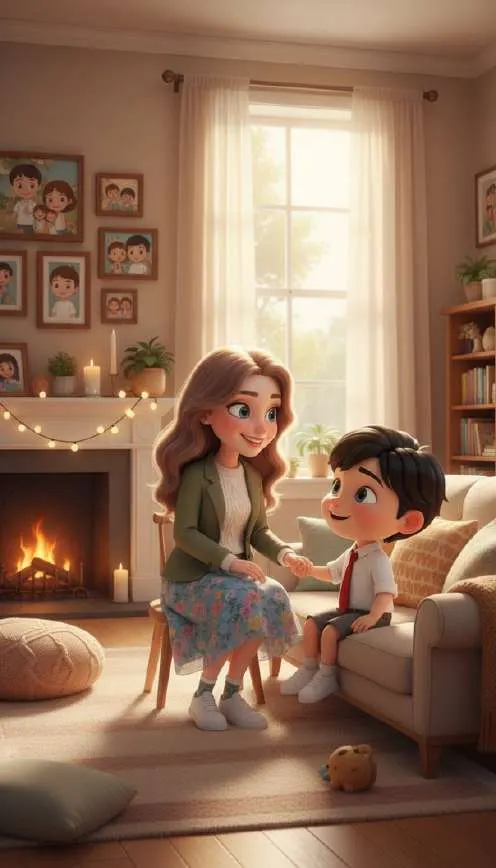 Melisa, sentada junto a la chimenea del salón, conversa con un niño en el sofá