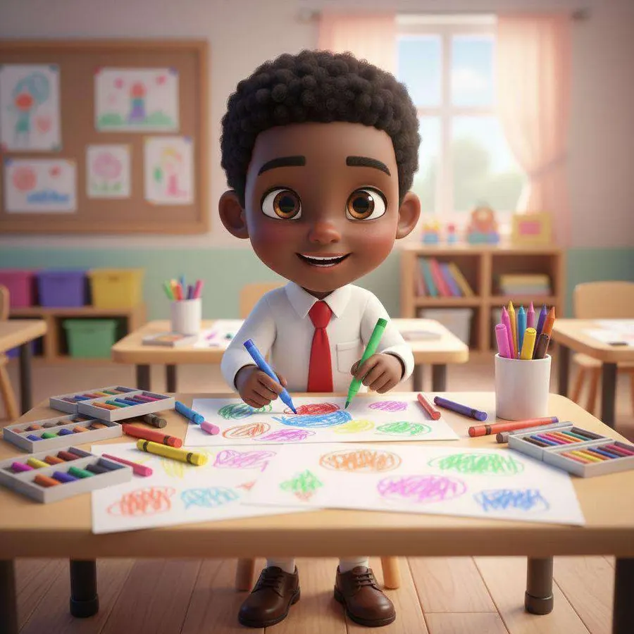 David dibuja con rotuladores de colores en la mesa de la clase de plástica, rodeado de ceras y cartulinas